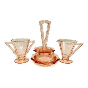 Vintage Cambridge Decagon Pink Depression Glass Sugar Creamer & Tray 1920’s